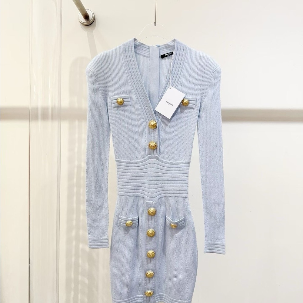Authentic Balmain Light Blue Dress with Gold Buttons